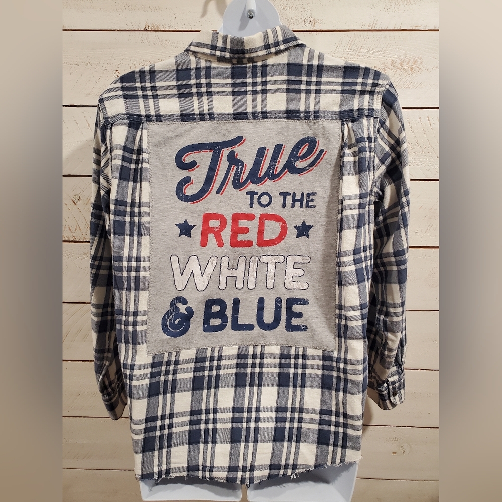 Upcycled / Recycled Flannel Button Down Shirt With Tshirt Patch